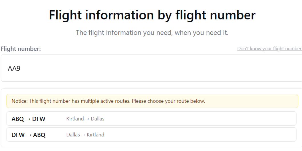 Example where the same flight number requires choosing a route